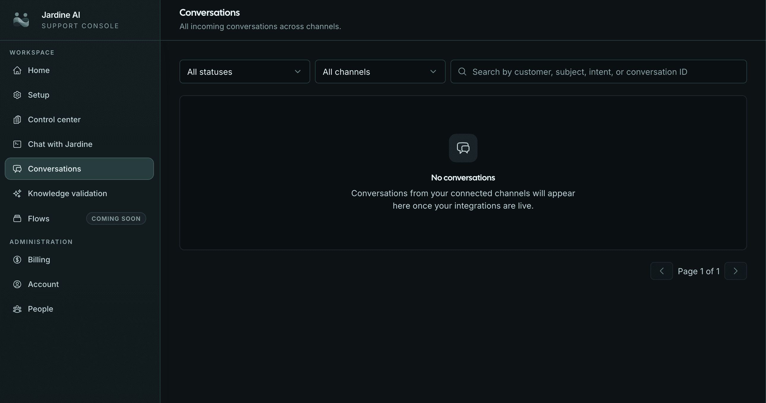 Jardine conversations workspace showing support channels and customer replies
